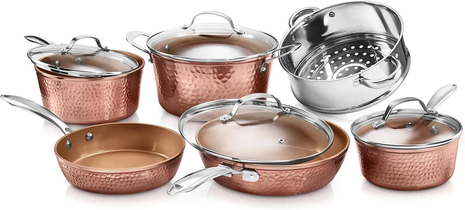 Gotham Steel Hammered Collection Pots and Pans 10 Piece Premium Ceramic Cookware Set – with Triple Coated Ultra Nonstick Surface for Even Heating, Oven, Stovetop & Dishwasher Safe