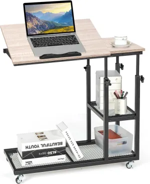 GRAFFY C Shaped End Table - Height Adjustable Couch Sofa Table with Tiltable Tabletop, Lockable Wheels and Storage Shelves, Mobile Side Table for Living Room, Bedroom (Natural)
