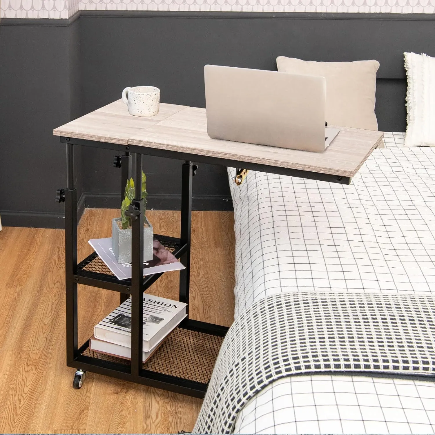 GRAFFY C Shaped End Table - Height Adjustable Couch Sofa Table with Tiltable Tabletop, Lockable Wheels and Storage Shelves, Mobile Side Table for Living Room, Bedroom (Natural)