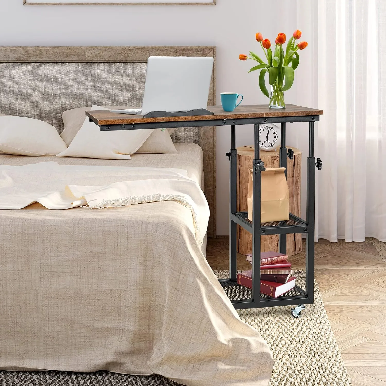 GRAFFY C Shaped End Table - Height Adjustable Couch Sofa Table with Tiltable Tabletop, Lockable Wheels and Storage Shelves, Mobile Side Table for Living Room, Bedroom (Rustic Brown)