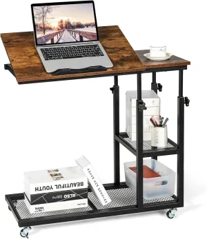 GRAFFY C Shaped End Table - Height Adjustable Couch Sofa Table with Tiltable Tabletop, Lockable Wheels and Storage Shelves, Mobile Side Table for Living Room, Bedroom (Rustic Brown)