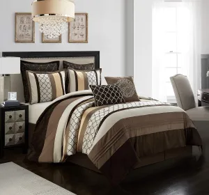 Grand Avenue Brown Comforter Set California, 8 Pieces Bed in a Bag, Lightweight Microfiber, Ultra-Soft, Jacquard Premium Bedding Set, Striped Design
