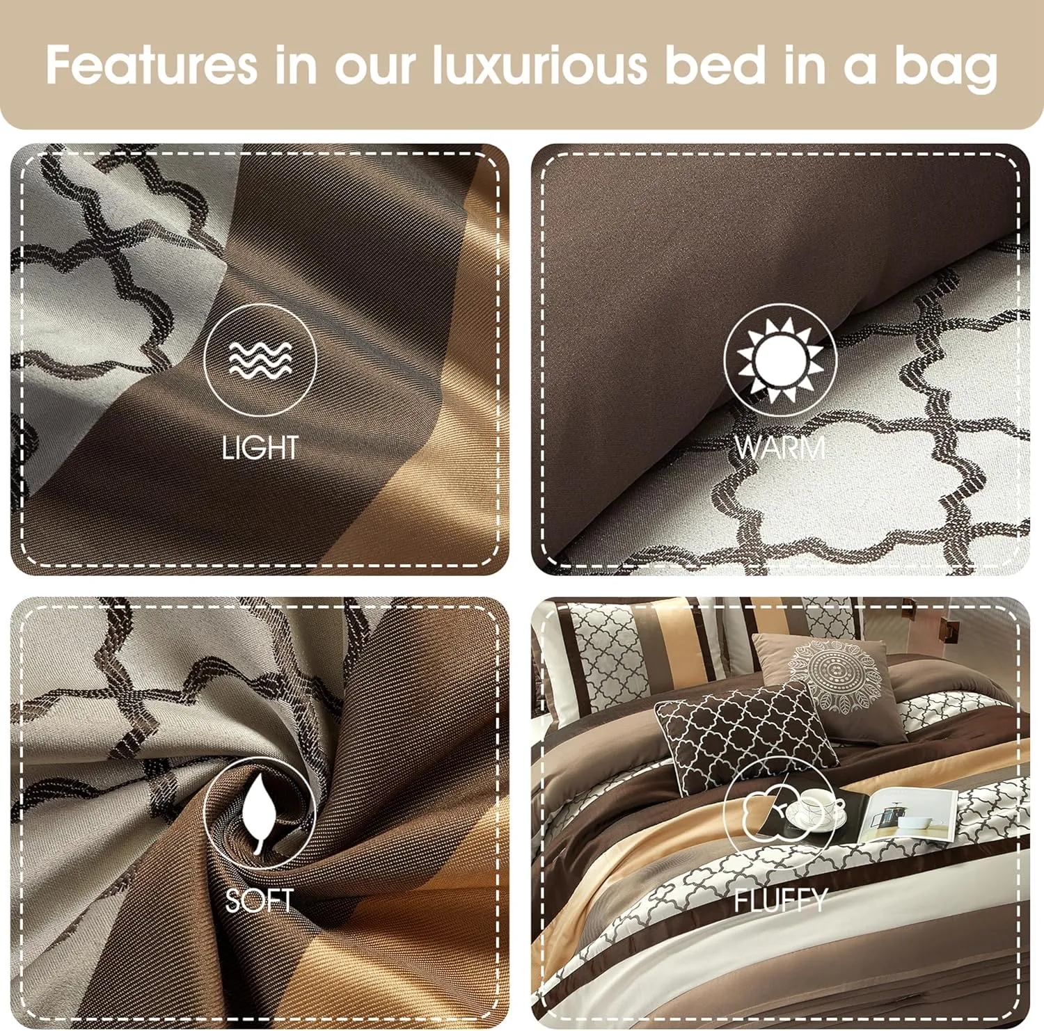 Grand Avenue Brown Comforter Set California, 8 Pieces Bed in a Bag, Lightweight Microfiber, Ultra-Soft, Jacquard Premium Bedding Set, Striped Design