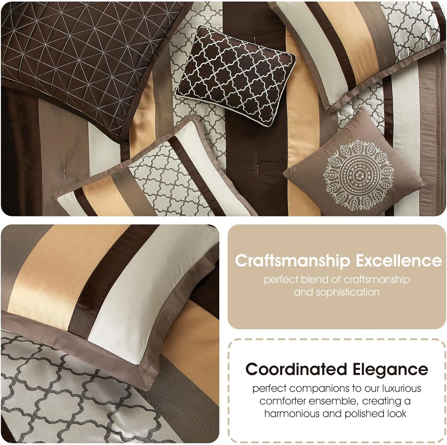 Grand Avenue Brown Comforter Set California, 8 Pieces Bed in a Bag, Lightweight Microfiber, Ultra-Soft, Jacquard Premium Bedding Set, Striped Design