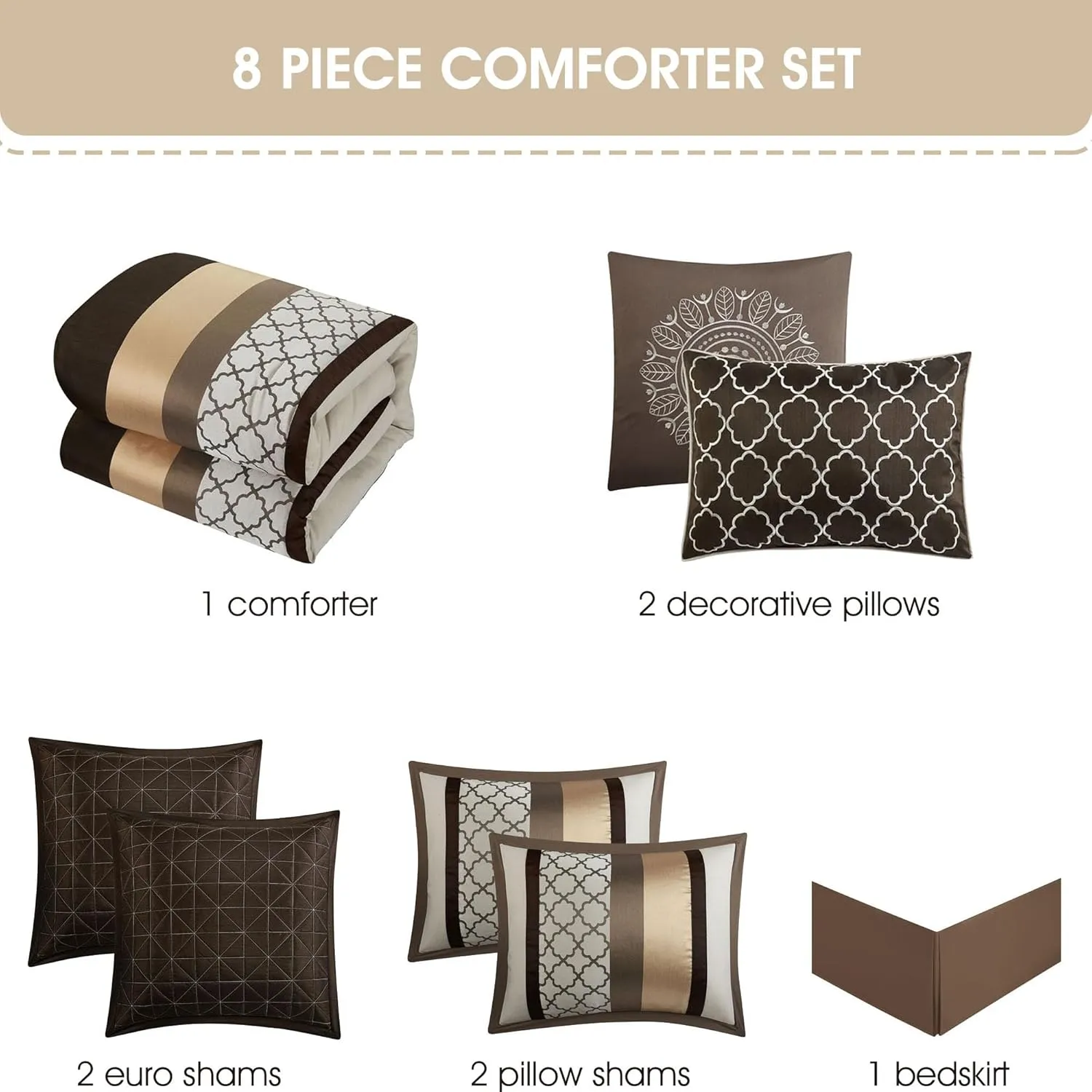 Grand Avenue Brown Comforter Set California, 8 Pieces Bed in a Bag, Lightweight Microfiber, Ultra-Soft, Jacquard Premium Bedding Set, Striped Design