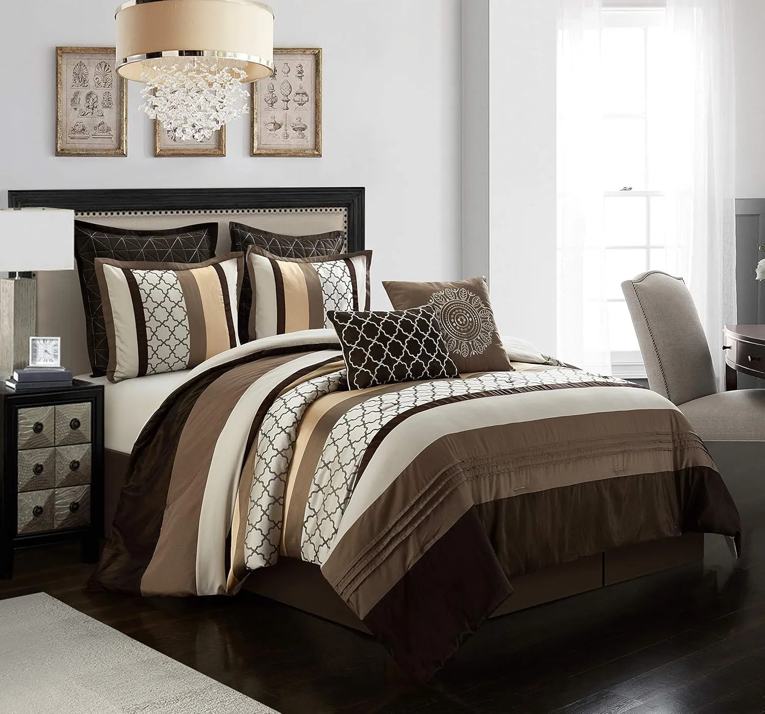 Grand Avenue Brown Comforter Set California, 8 Pieces Bed in a Bag, Lightweight Microfiber, Ultra-Soft, Jacquard Premium Bedding Set, Striped Design
