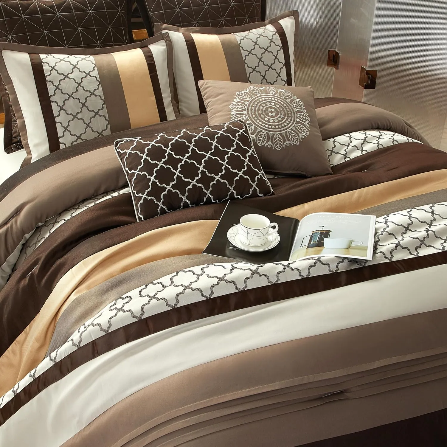 Grand Avenue Brown Comforter Set California, 8 Pieces Bed in a Bag, Lightweight Microfiber, Ultra-Soft, Jacquard Premium Bedding Set, Striped Design