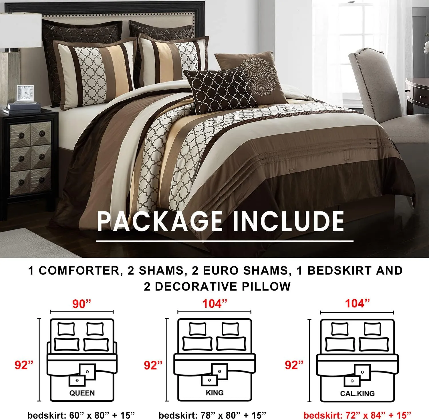Grand Avenue Brown Comforter Set California, 8 Pieces Bed in a Bag, Lightweight Microfiber, Ultra-Soft, Jacquard Premium Bedding Set, Striped Design