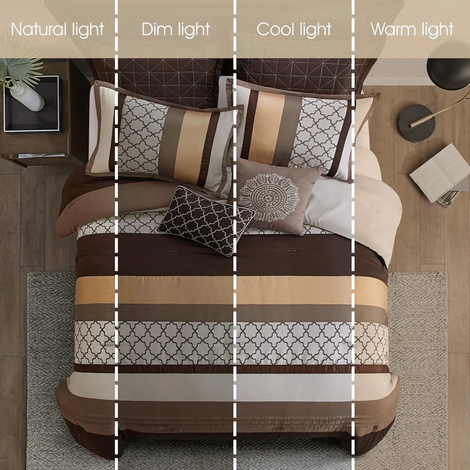 Grand Avenue Brown Comforter Set California, 8 Pieces Bed in a Bag, Lightweight Microfiber, Ultra-Soft, Jacquard Premium Bedding Set, Striped Design