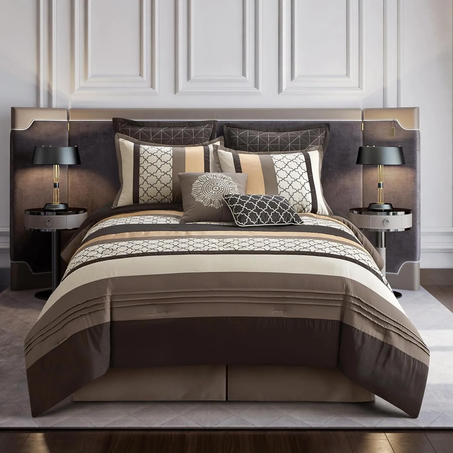 Grand Avenue Brown Comforter Set California, 8 Pieces Bed in a Bag, Lightweight Microfiber, Ultra-Soft, Jacquard Premium Bedding Set, Striped Design