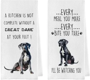 Great Dane Dish Towels Set - Funny Great Dane Decorative Waffle Kitchen Towels, Hand Towel, Tea Towel (16×24 Inches, Set of 2)