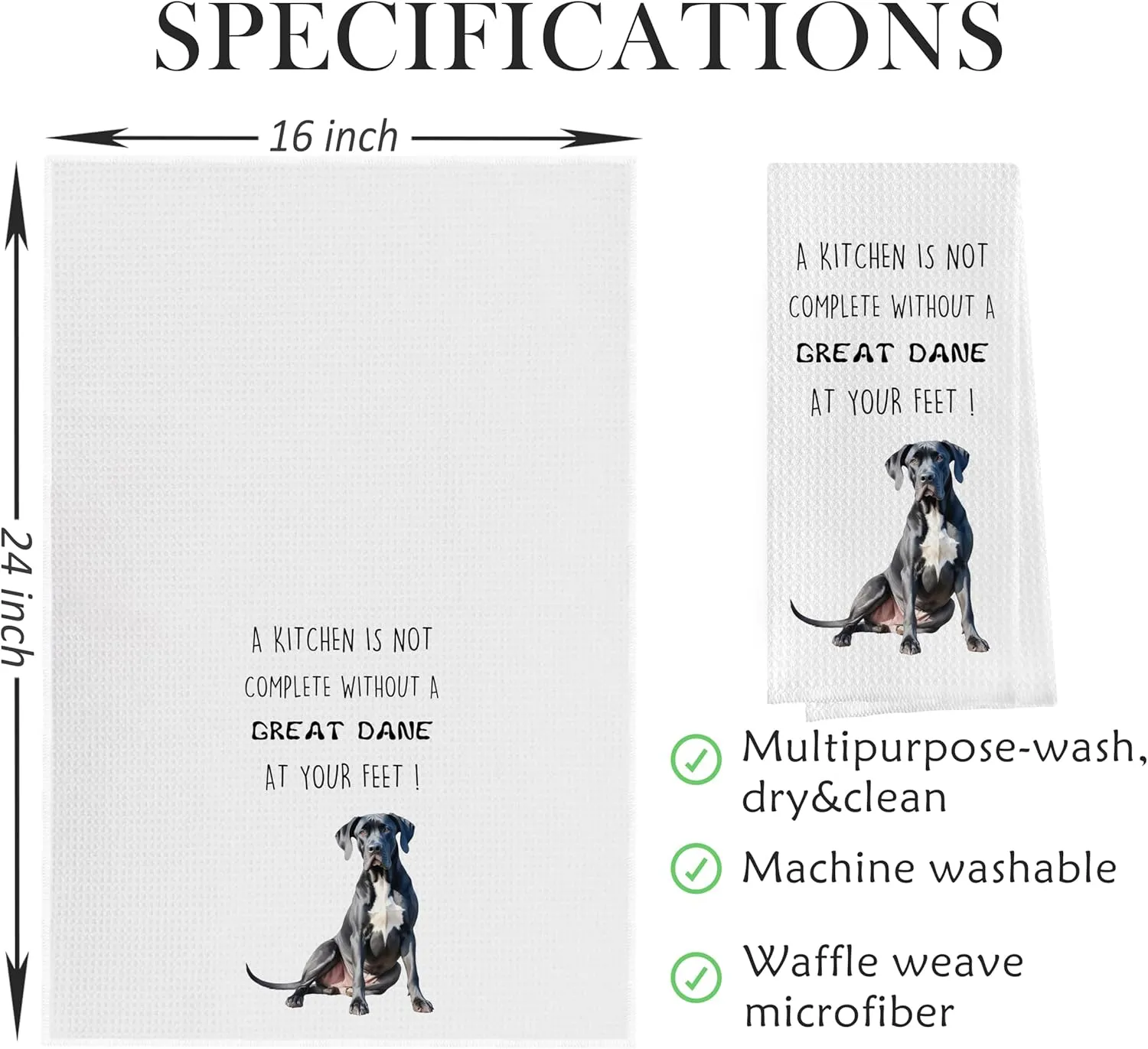 Great Dane Dish Towels Set - Funny Great Dane Decorative Waffle Kitchen Towels, Hand Towel, Tea Towel (16×24 Inches, Set of 2)