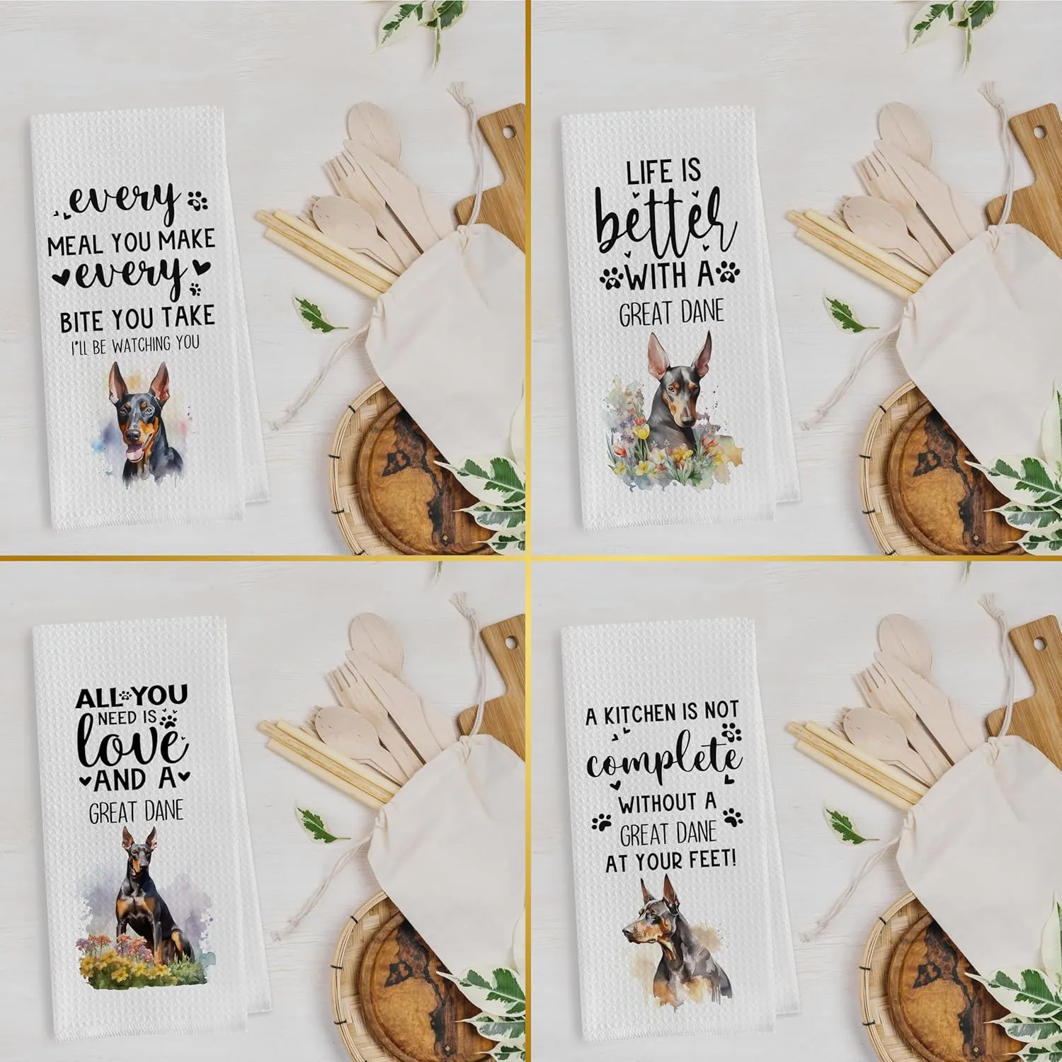 Great Dane Dish Towels Set - Funny Great Dane Decorative Waffle Weave Kitchen Towels, Hand Towel, Tea Towel (16×24 Inches Set of 4)