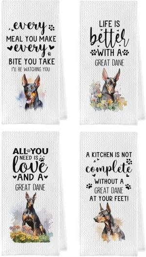 Great Dane Dish Towels Set - Funny Great Dane Decorative Waffle Weave Kitchen Towels, Hand Towel, Tea Towel (16×24 Inches Set of 4)