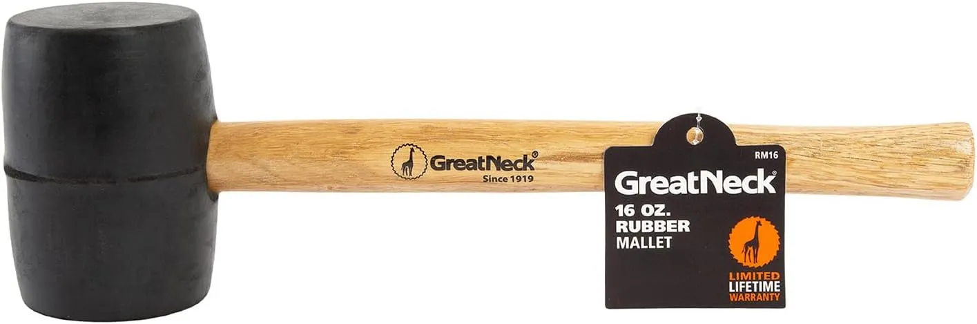 GreatNeck RM16 Rubber Mallet, 16 Oz. Rubber Hammer, Mallet with Hardwood Handle, Surface-Safe for Woodworking, Automotive, and Tile Projects
