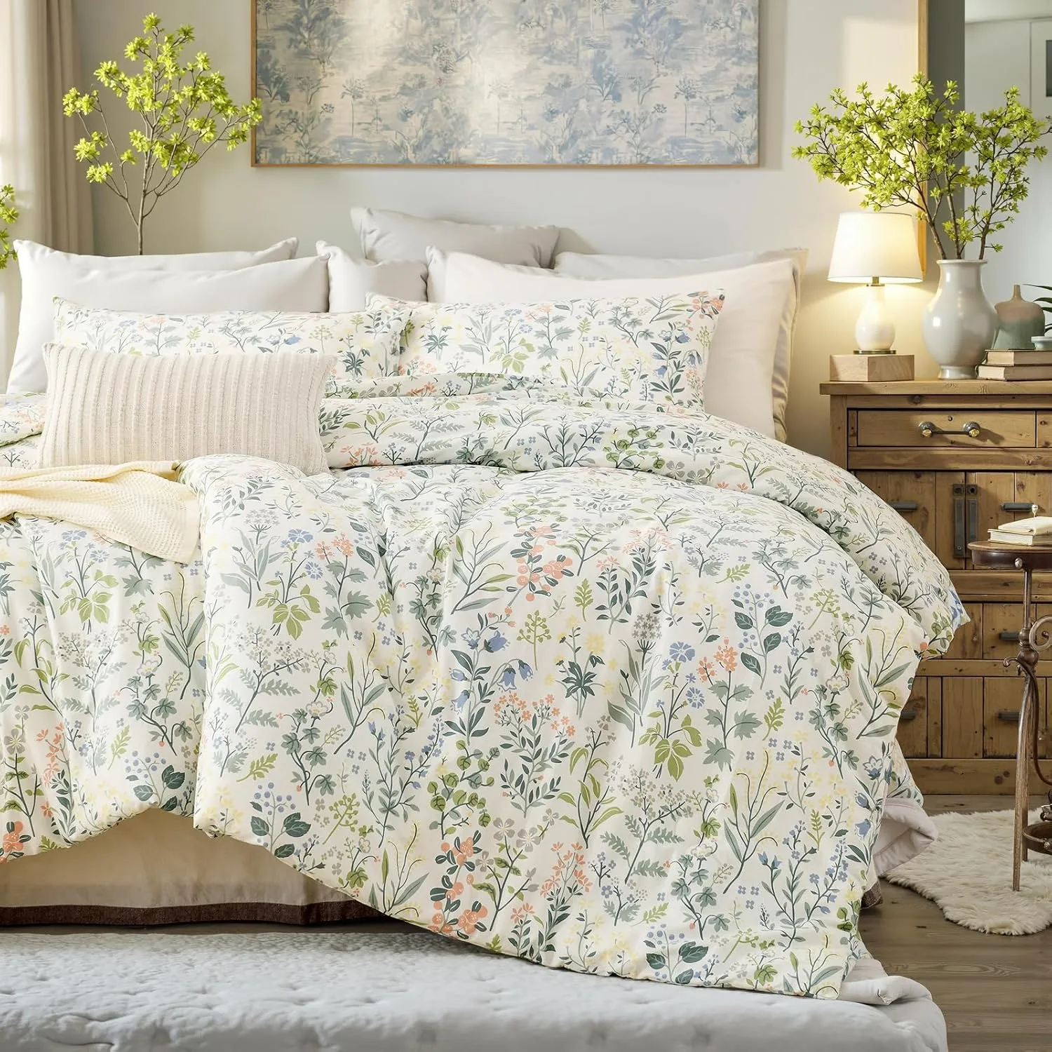 Green Floral Comforter Set King Size 100% Cotton Comforter 3 Pieces Soft Lightweight Reversible Retro Floral Bedding Sets for All Season