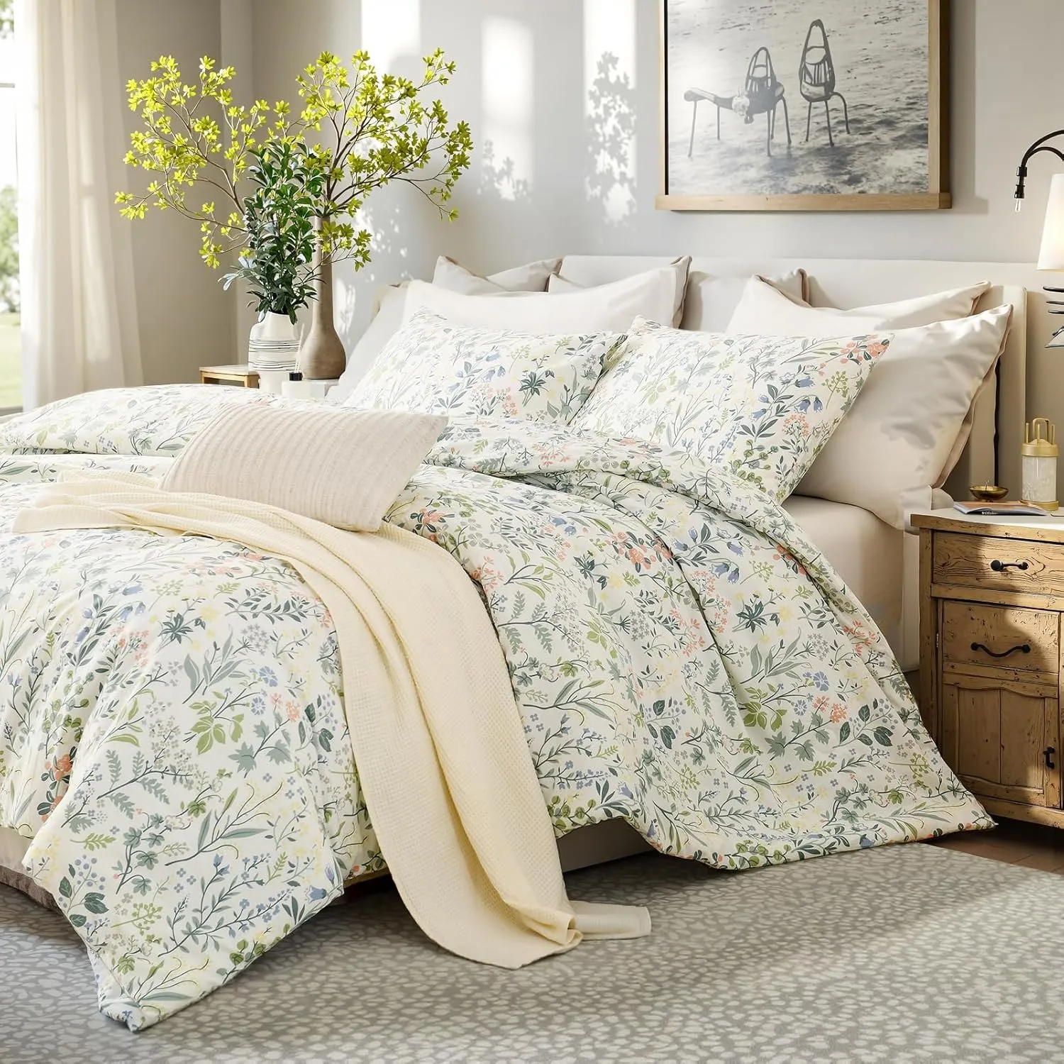 Green Floral Comforter Set King Size 100% Cotton Comforter 3 Pieces Soft Lightweight Reversible Retro Floral Bedding Sets for All Season