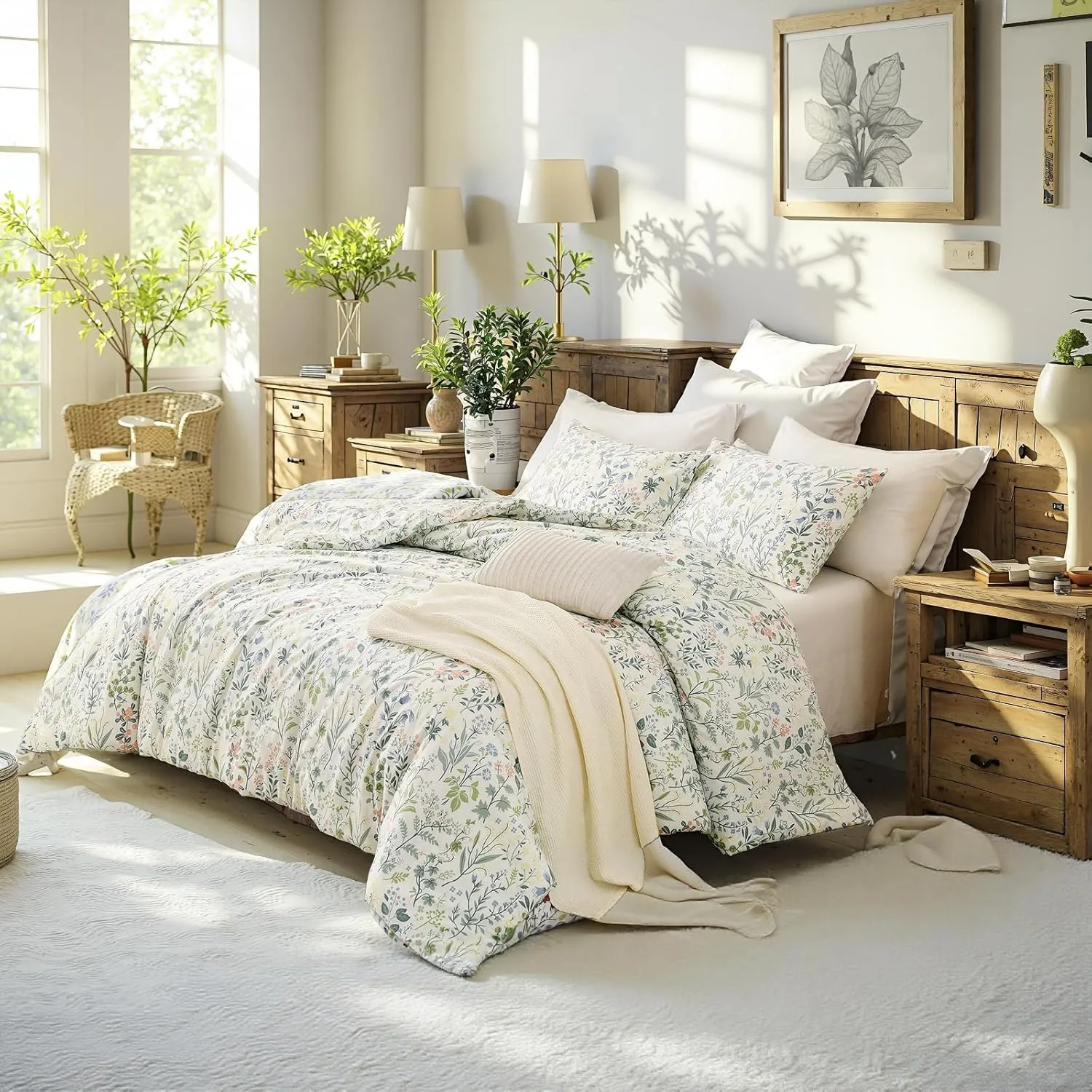 Green Floral Comforter Set King Size 100% Cotton Comforter 3 Pieces Soft Lightweight Reversible Retro Floral Bedding Sets for All Season