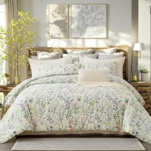 Green Floral Comforter Set King Size 100% Cotton Comforter 3 Pieces Soft Lightweight Reversible Retro Floral Bedding Sets for All Season