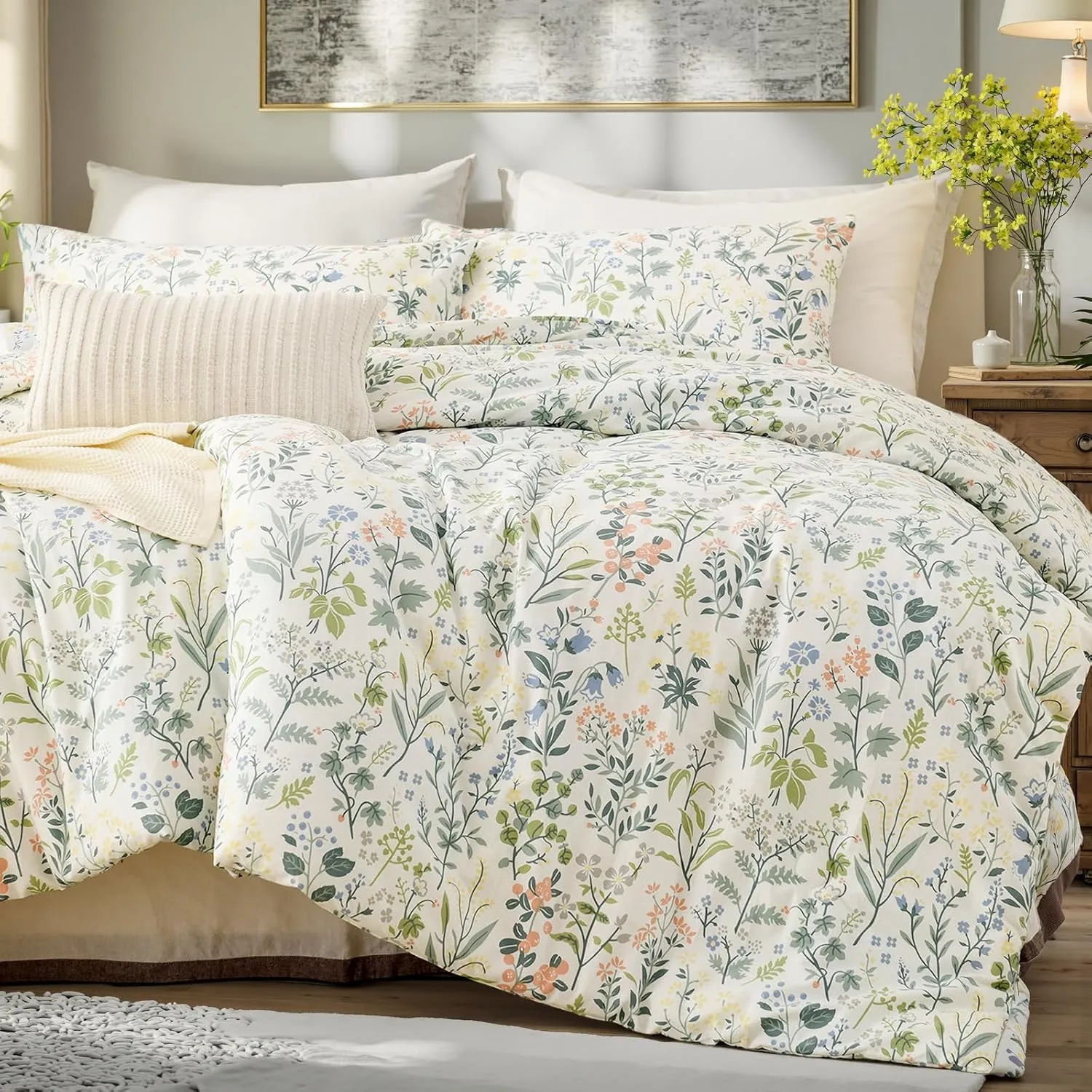 Green Floral Comforter Set King Size 100% Cotton Comforter 3 Pieces Soft Lightweight Reversible Retro Floral Bedding Sets for All Season