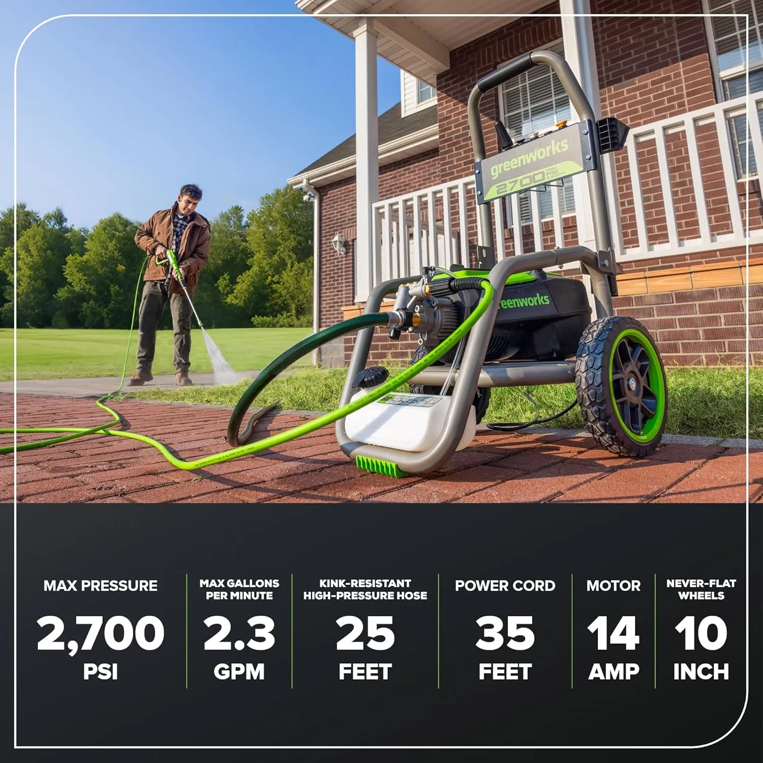 Greenworks Pro Brushless 2700 PSI (CSA Certified) 2.3 GPM Max / 1.2 GPM Electric Pressure Washer (Foldable Handles, Rugged Steel Frame, 25 FT Hose, 35 FT GFCI Power Cord)