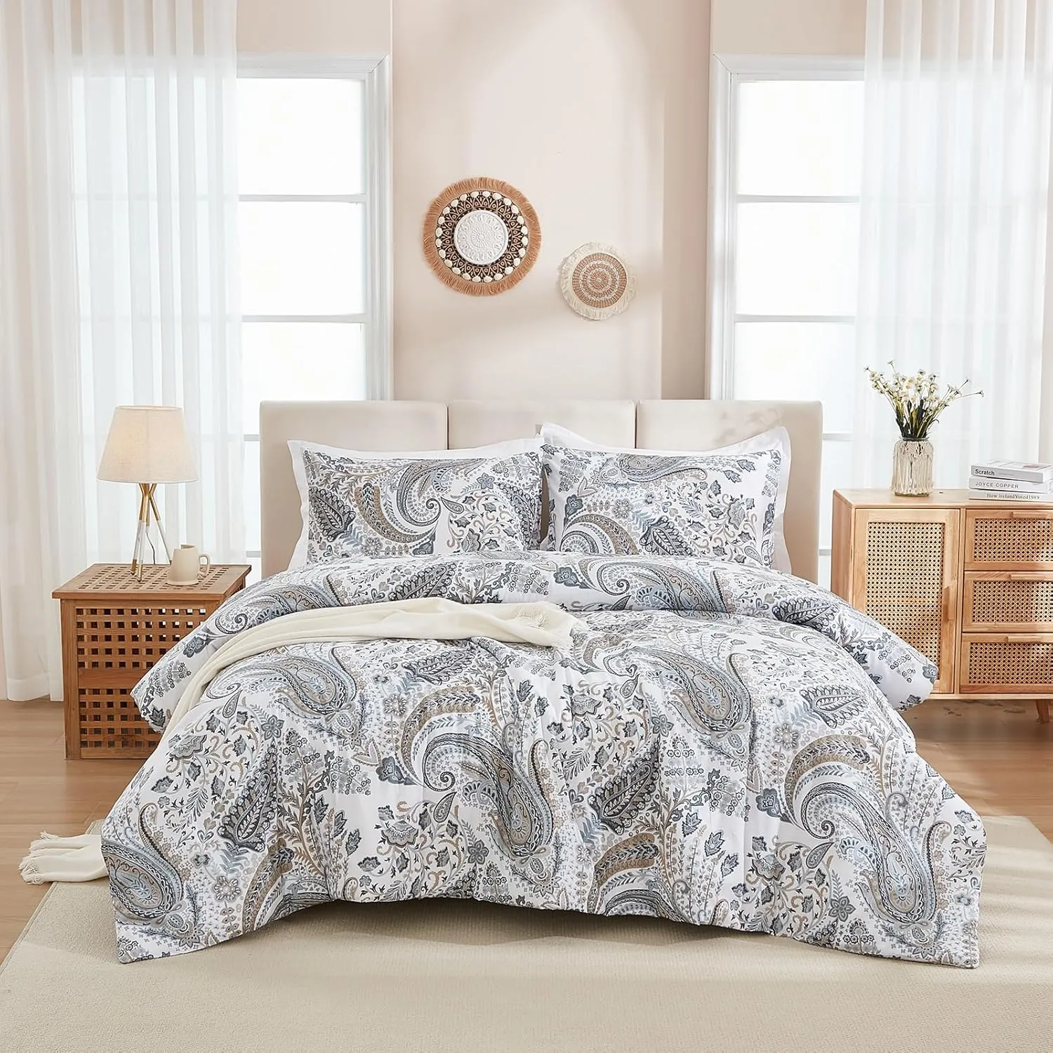 Grey Blue Paisley Comforter Set King Size 3 Pieces 100% Cotton Boho Paisley Pattern Bedding Set All Season Soft Cotton Lightweight Reversible Comforter