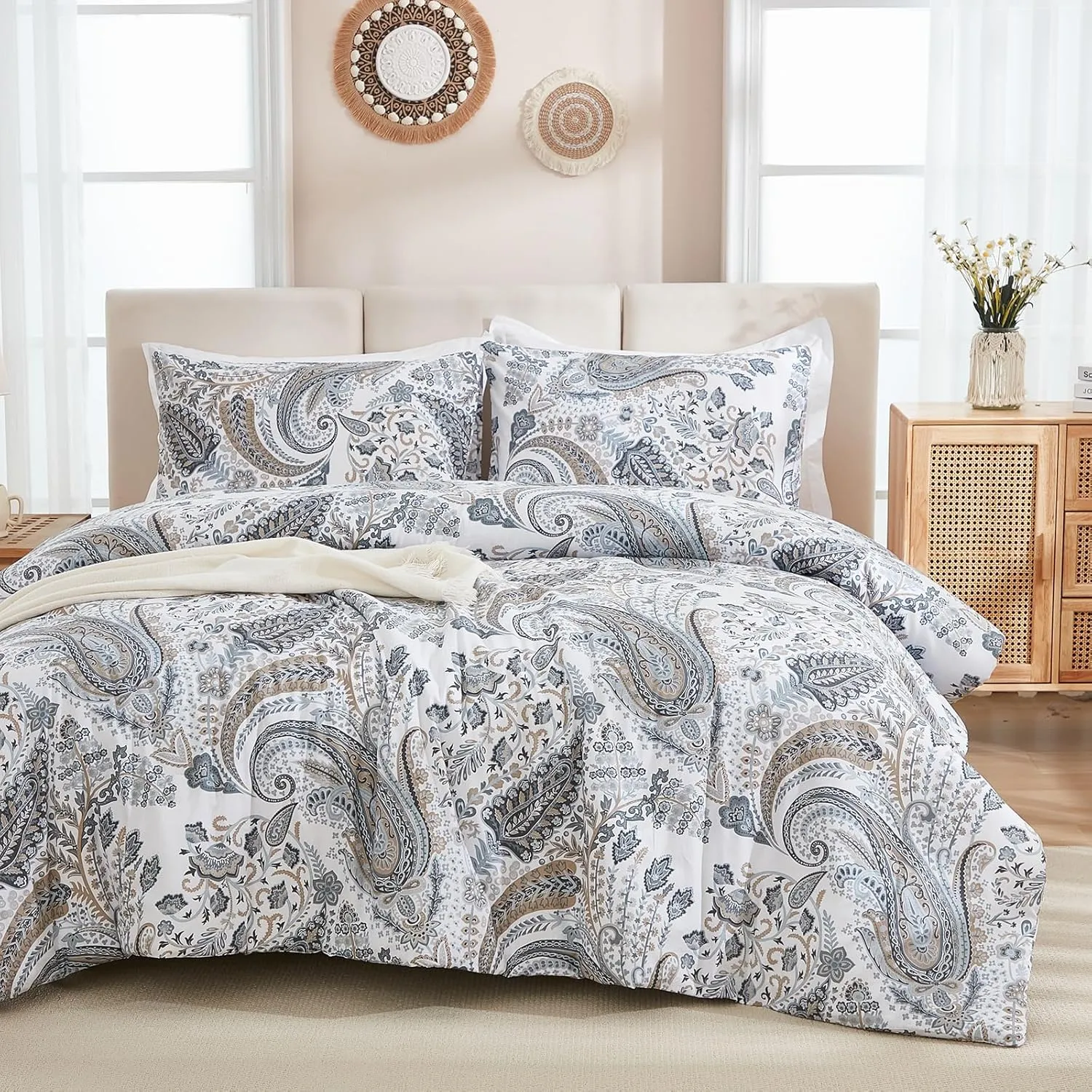 Grey Blue Paisley Comforter Set King Size 3 Pieces 100% Cotton Boho Paisley Pattern Bedding Set All Season Soft Cotton Lightweight Reversible Comforter