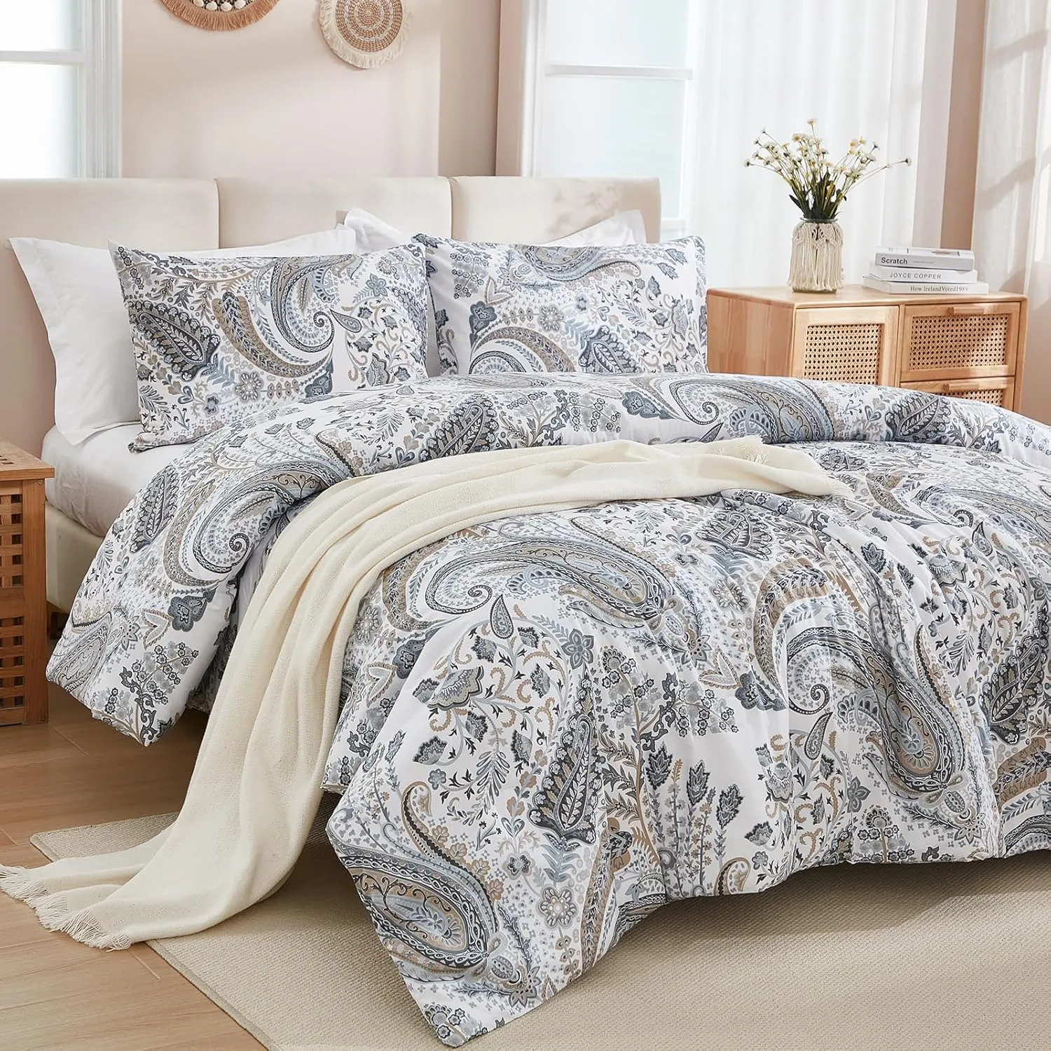 Grey Blue Paisley Comforter Set King Size 3 Pieces 100% Cotton Boho Paisley Pattern Bedding Set All Season Soft Cotton Lightweight Reversible Comforter