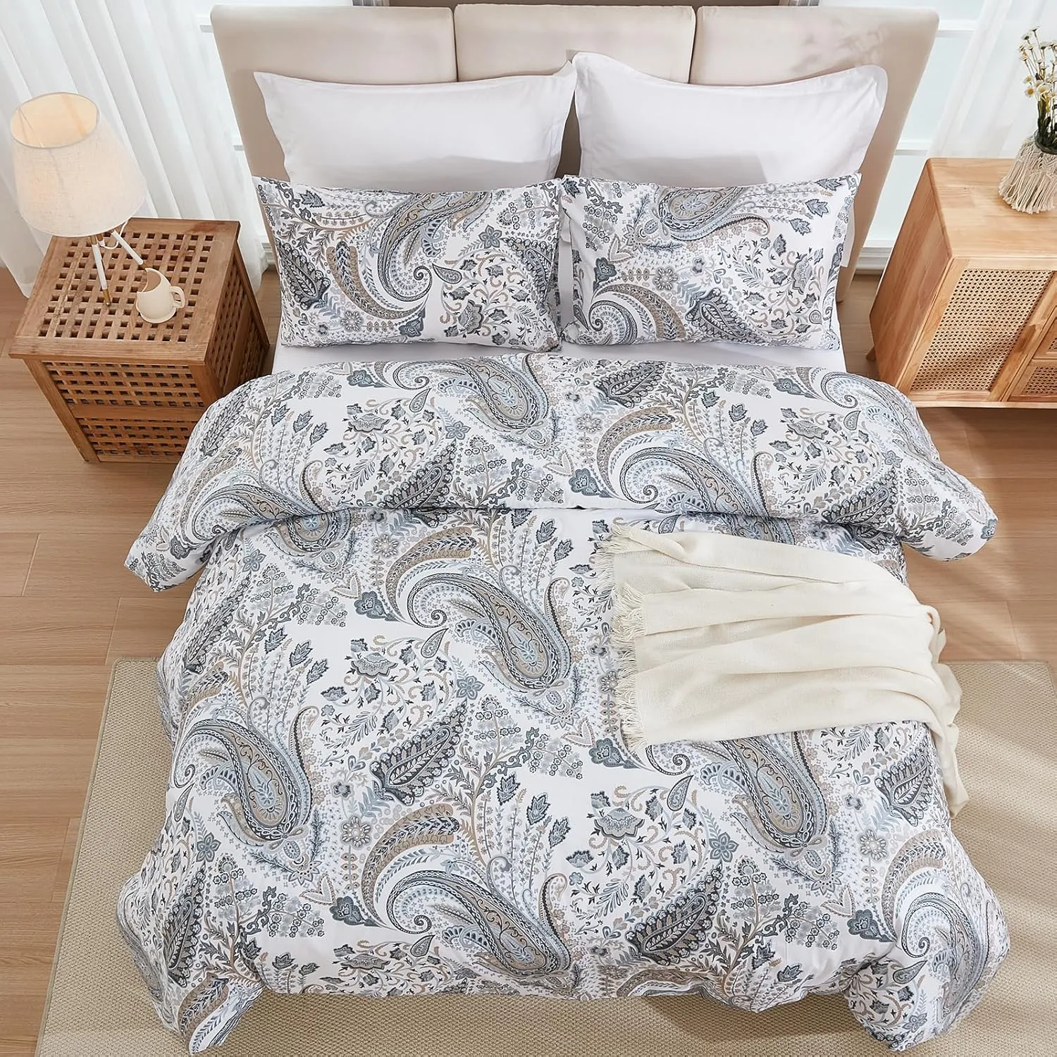 Grey Blue Paisley Comforter Set King Size 3 Pieces 100% Cotton Boho Paisley Pattern Bedding Set All Season Soft Cotton Lightweight Reversible Comforter