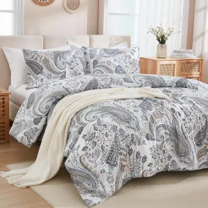 Grey Blue Paisley Comforter Set King Size 3 Pieces 100% Cotton Boho Paisley Pattern Bedding Set All Season Soft Cotton Lightweight Reversible Comforter
