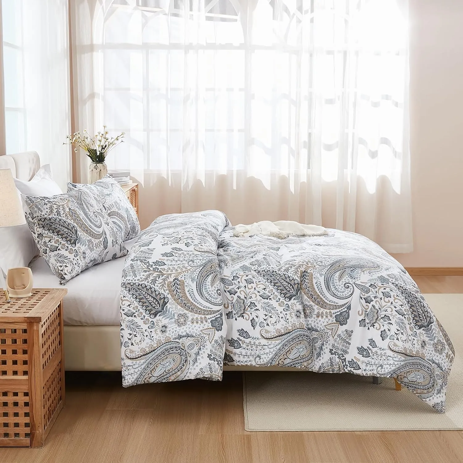 Grey Blue Paisley Comforter Set King Size 3 Pieces 100% Cotton Boho Paisley Pattern Bedding Set All Season Soft Cotton Lightweight Reversible Comforter