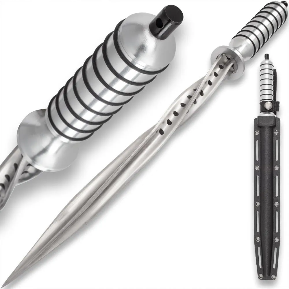 Grey Titanium Spiral Dagger | Quad-Edged Spiral Blade | Slip-Resistant Handle | Custom-Fit Sheath Included | Stainless Steel Blade | 16 1/2" Overall Length
