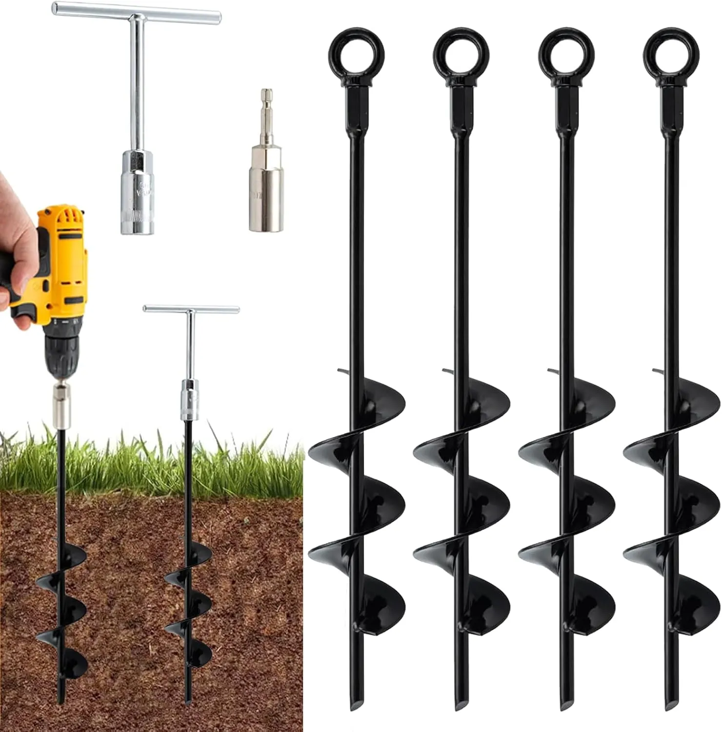 Ground Anchors Screw in 16 Inch, Earth Anchors Heavy Duty for Swing Set, Trampoline Ground Stakes Anchor, Shed Anchor Kit for Tent, Carports, Camping Resistant High Wind, 4 Pack, HOME MASTER HARDWARE