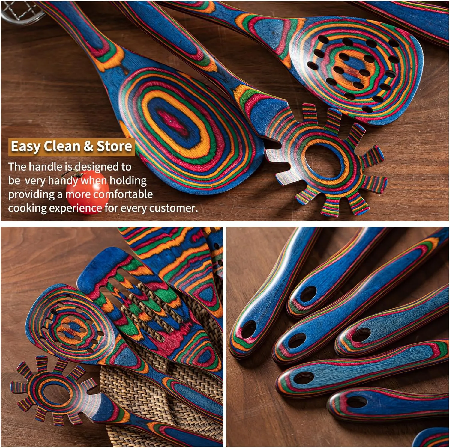 Gudamaye Pakkawood 7-Piece Blue Wooden Cooking Utensils - Wooden Spoons, Kitchen Utensil Set, Non-Stick Spoons