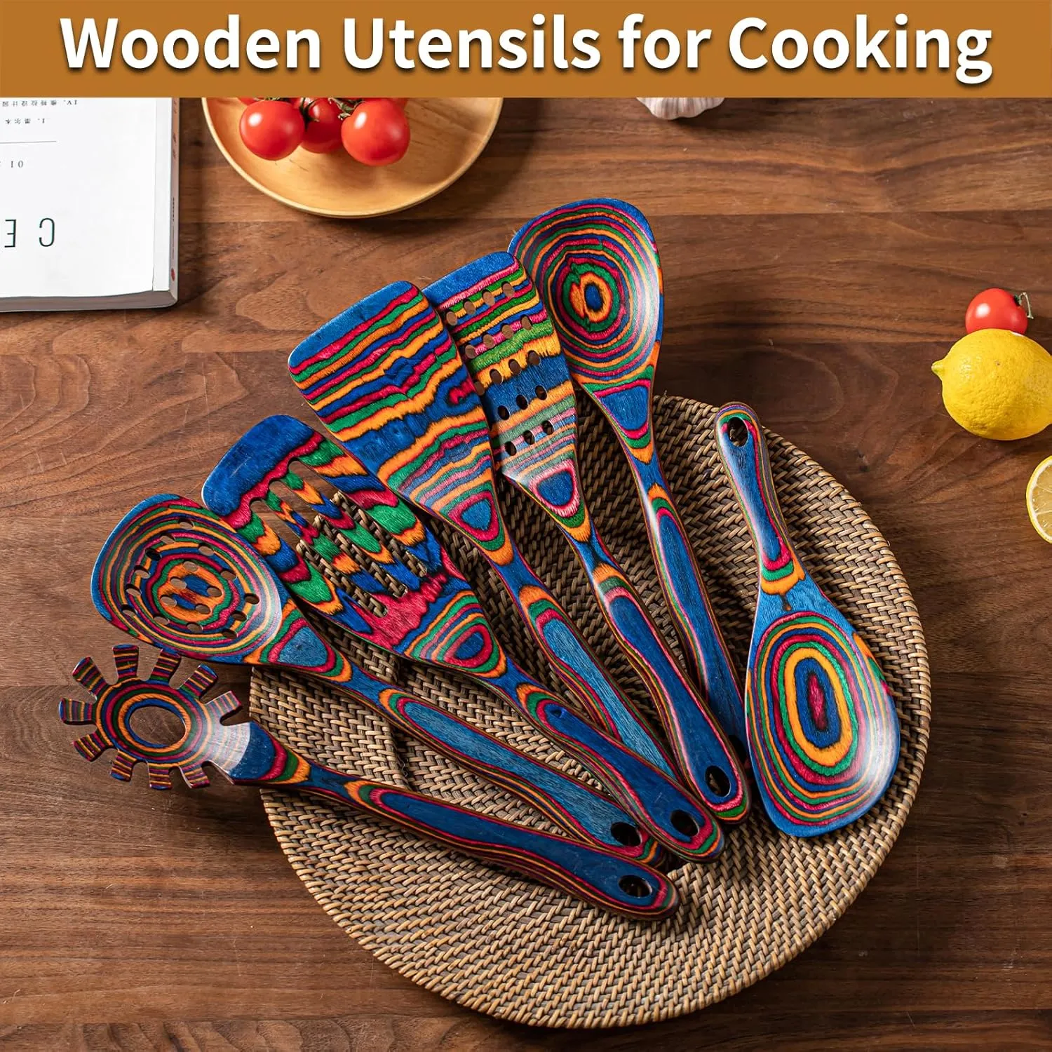 Gudamaye Pakkawood 7-Piece Blue Wooden Cooking Utensils - Wooden Spoons, Kitchen Utensil Set, Non-Stick Spoons
