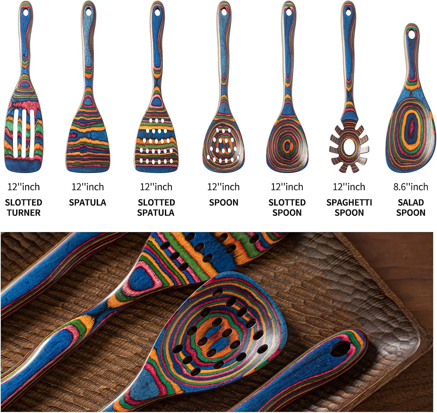 Gudamaye Pakkawood 7-Piece Blue Wooden Cooking Utensils - Wooden Spoons, Kitchen Utensil Set, Non-Stick Spoons