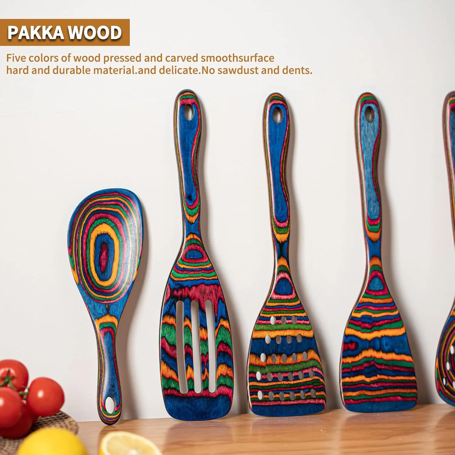 Gudamaye Pakkawood 7-Piece Blue Wooden Cooking Utensils - Wooden Spoons, Kitchen Utensil Set, Non-Stick Spoons