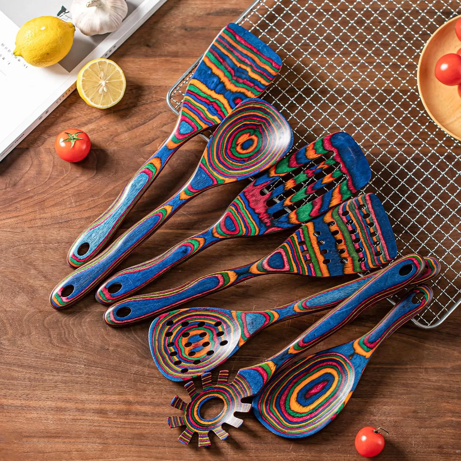 Gudamaye Pakkawood 7-Piece Blue Wooden Cooking Utensils - Wooden Spoons, Kitchen Utensil Set, Non-Stick Spoons