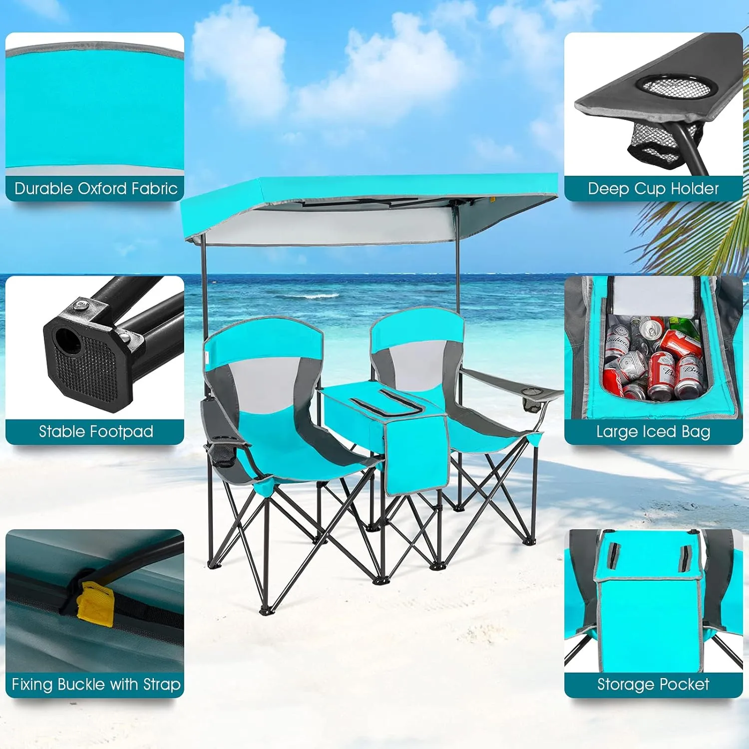 GYMAX Double Camping Chair, Beach Chair with Canopy Shade, Adjustable UV Protection, Cooler, Cup Holder & Carry Bag, Folding Portable Lawn Soccer Camp Chair with Umbrella for Adults (Navy, 2 Person)