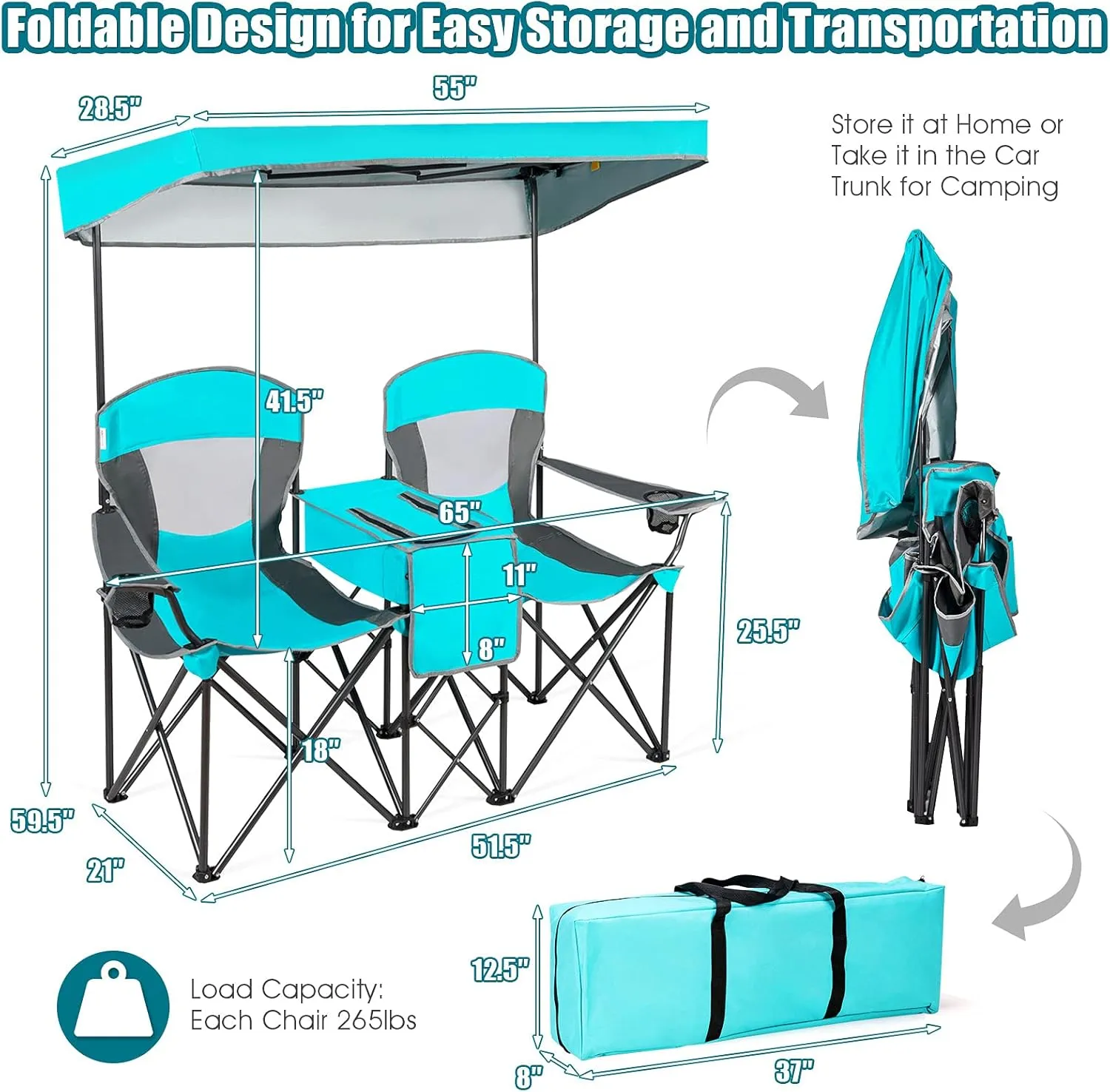 GYMAX Double Camping Chair, Beach Chair with Canopy Shade, Adjustable UV Protection, Cooler, Cup Holder & Carry Bag, Folding Portable Lawn Soccer Camp Chair with Umbrella for Adults (Navy, 2 Person)