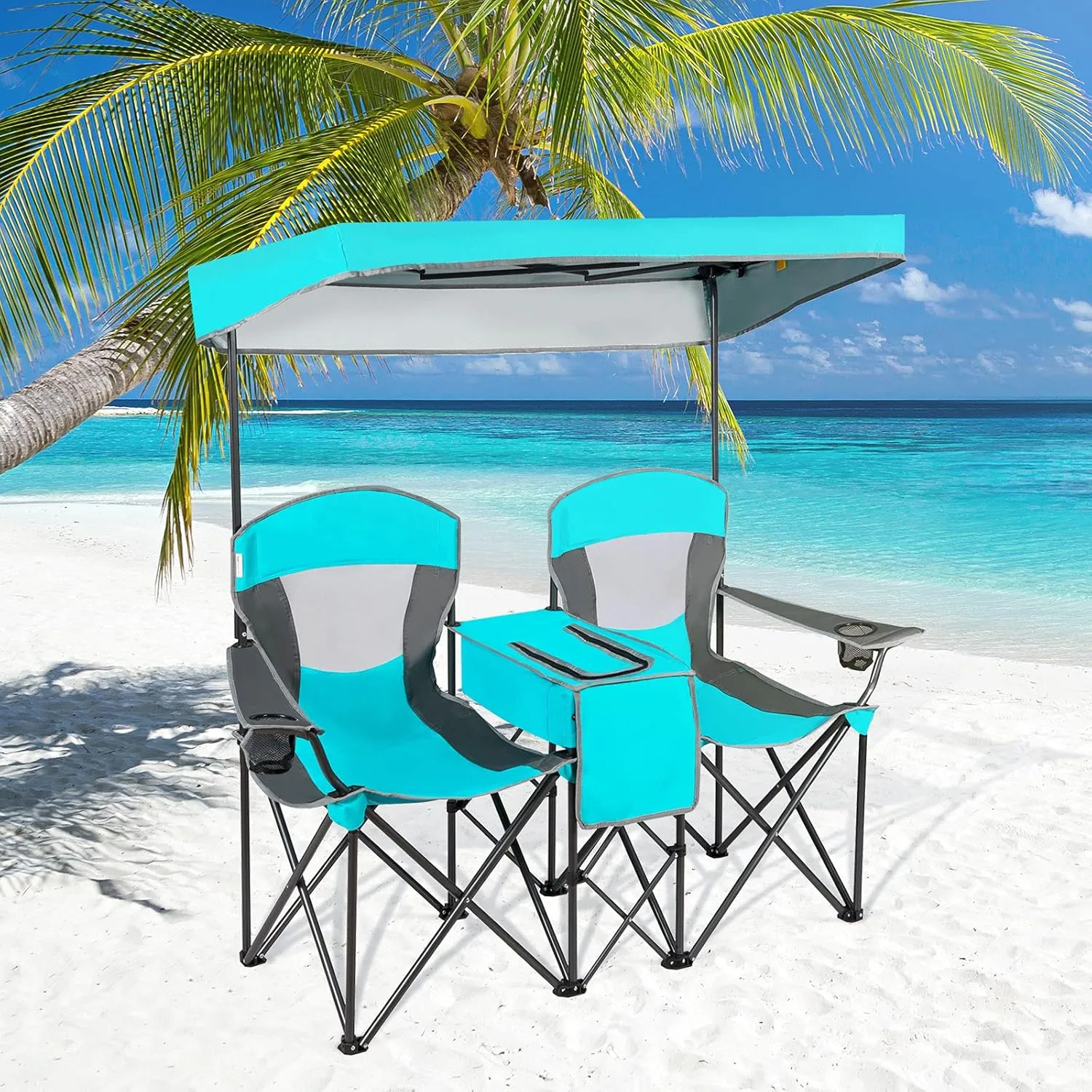 GYMAX Double Camping Chair, Beach Chair with Canopy Shade, Adjustable UV Protection, Cooler, Cup Holder & Carry Bag, Folding Portable Lawn Soccer Camp Chair with Umbrella for Adults (Navy, 2 Person)
