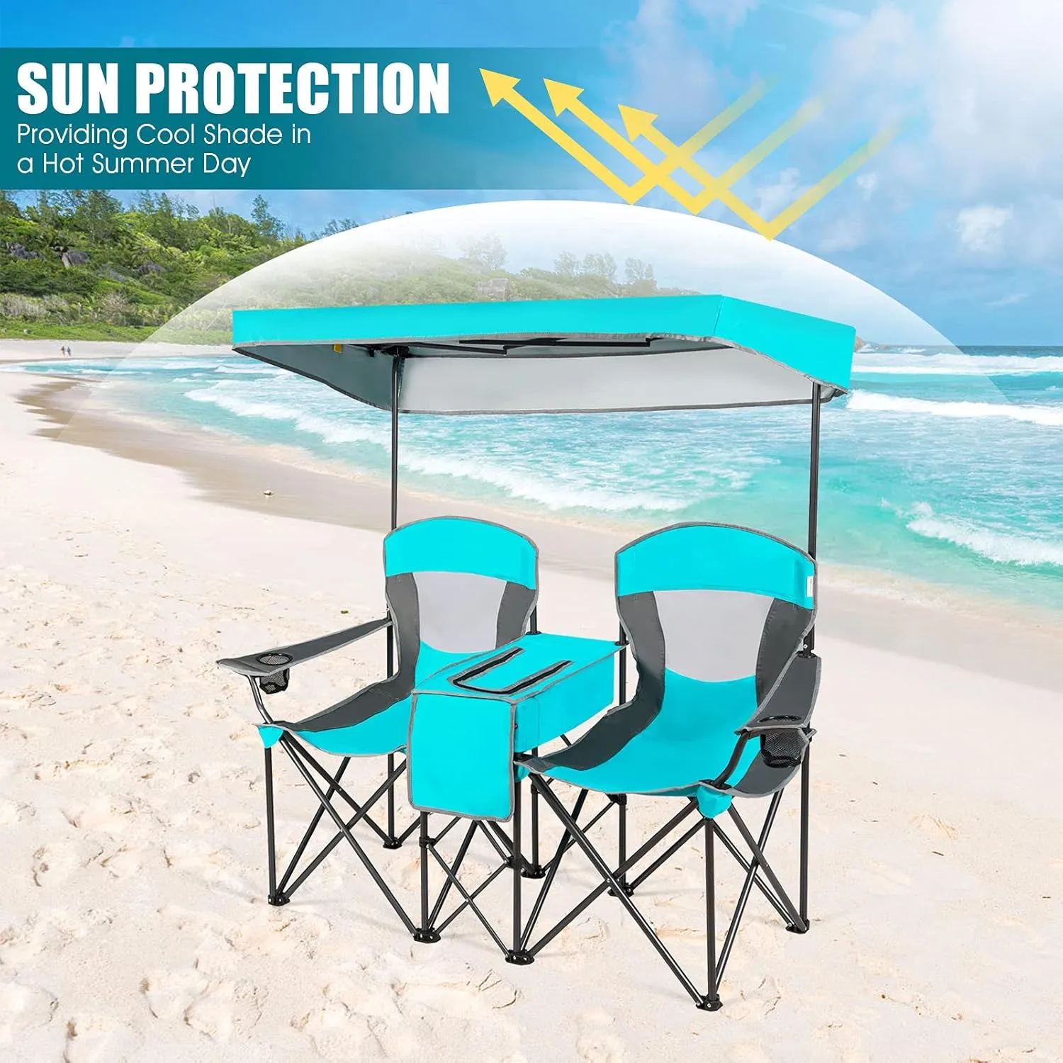 GYMAX Double Camping Chair, Beach Chair with Canopy Shade, Adjustable UV Protection, Cooler, Cup Holder & Carry Bag, Folding Portable Lawn Soccer Camp Chair with Umbrella for Adults (Navy, 2 Person)