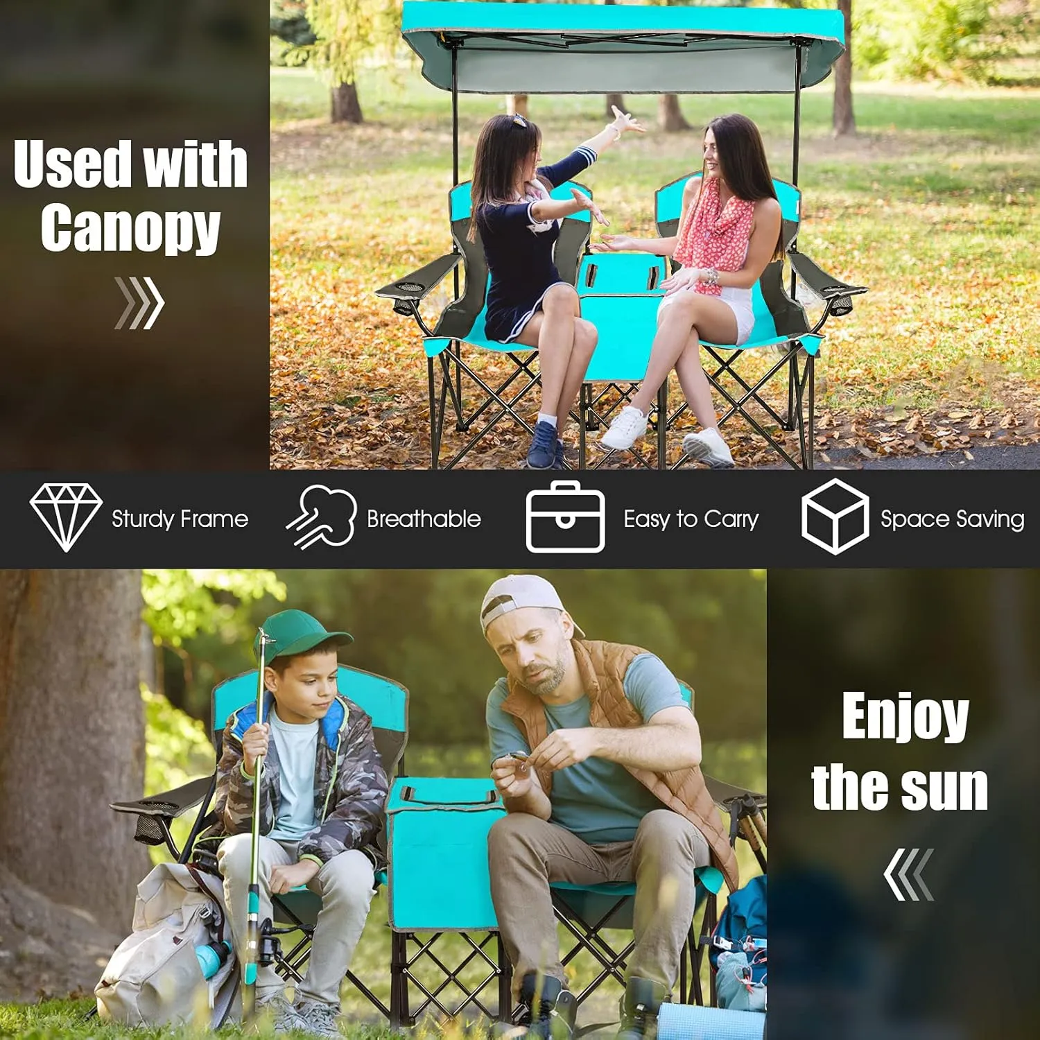 GYMAX Double Camping Chair, Beach Chair with Canopy Shade, Adjustable UV Protection, Cooler, Cup Holder & Carry Bag, Folding Portable Lawn Soccer Camp Chair with Umbrella for Adults (Navy, 2 Person)