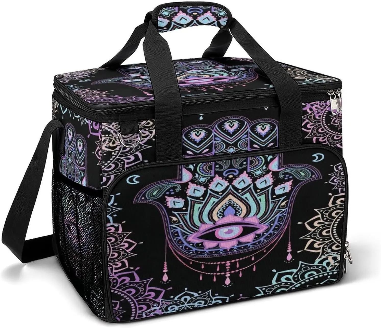 Hamsa Hand of Fatima Meditation Mandala Cooler Bag, Collapsible Soft Sided Cooler, Large Leakproof Camping Cooler, Portable Travel Cooler for Camping, Road Trips