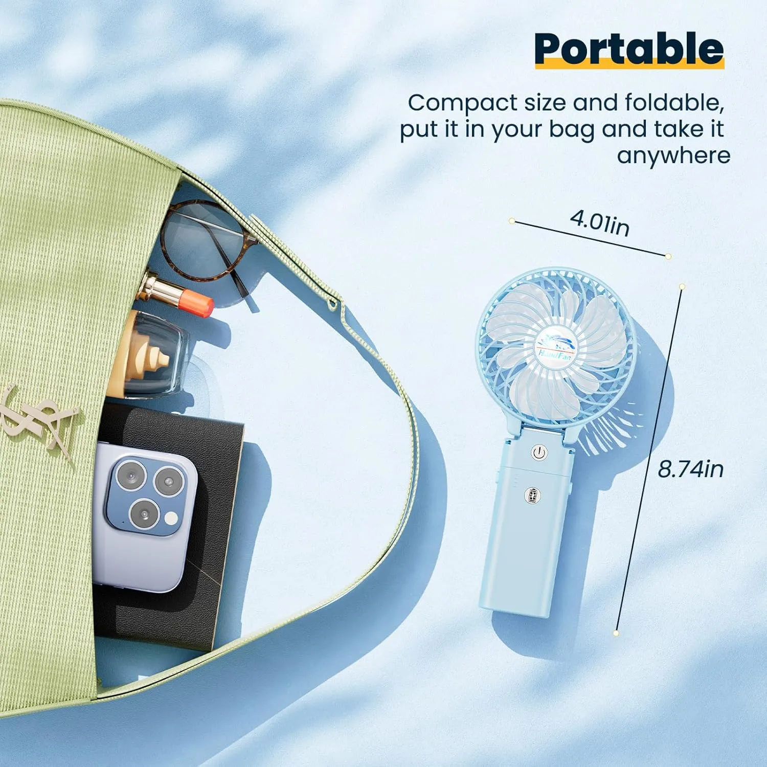 HandFan 5200mAh Handheld Fan Rechargeable, 20H Runtime Hand Fan, 3 Speeds Strong Airflow, Personal 180° Foldable Portable Fan for Travel/Summer/Concerts/Lash/Commute, Gifts for Women (Blue)