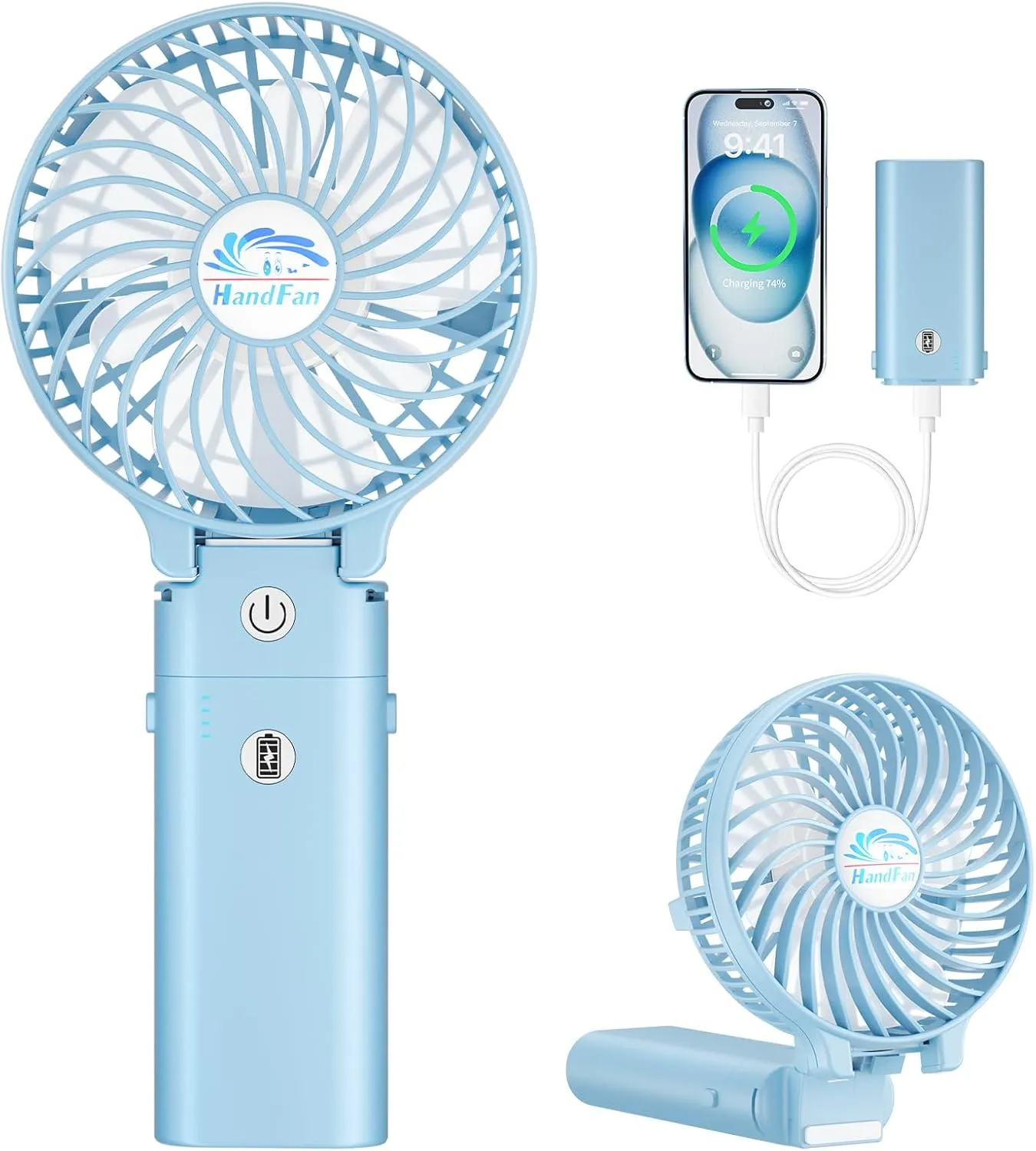 HandFan 5200mAh Handheld Fan Rechargeable, 20H Runtime Hand Fan, 3 Speeds Strong Airflow, Personal 180° Foldable Portable Fan for Travel/Summer/Concerts/Lash/Commute, Gifts for Women (Blue)