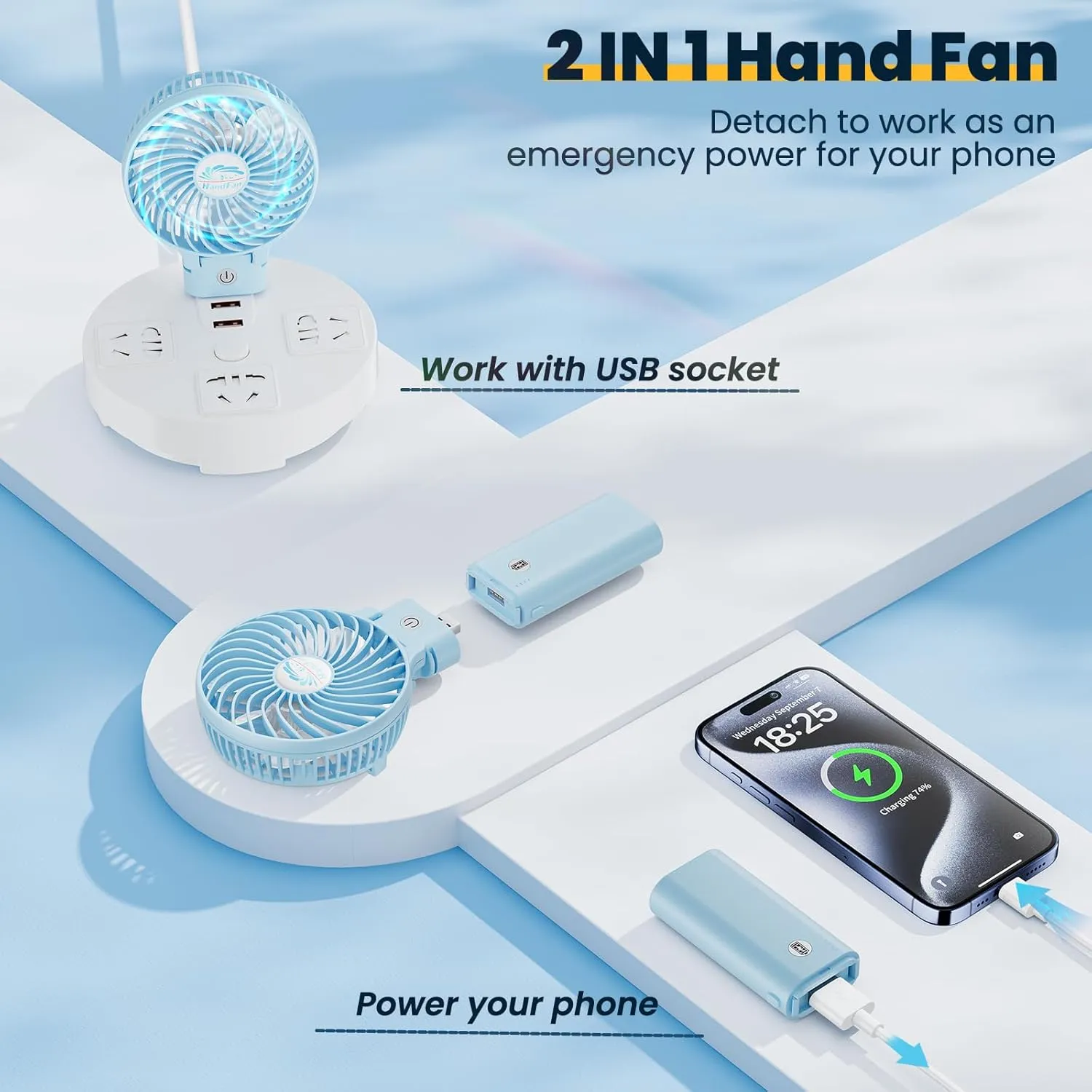HandFan 5200mAh Handheld Fan Rechargeable, 20H Runtime Hand Fan, 3 Speeds Strong Airflow, Personal 180° Foldable Portable Fan for Travel/Summer/Concerts/Lash/Commute, Gifts for Women (Blue)