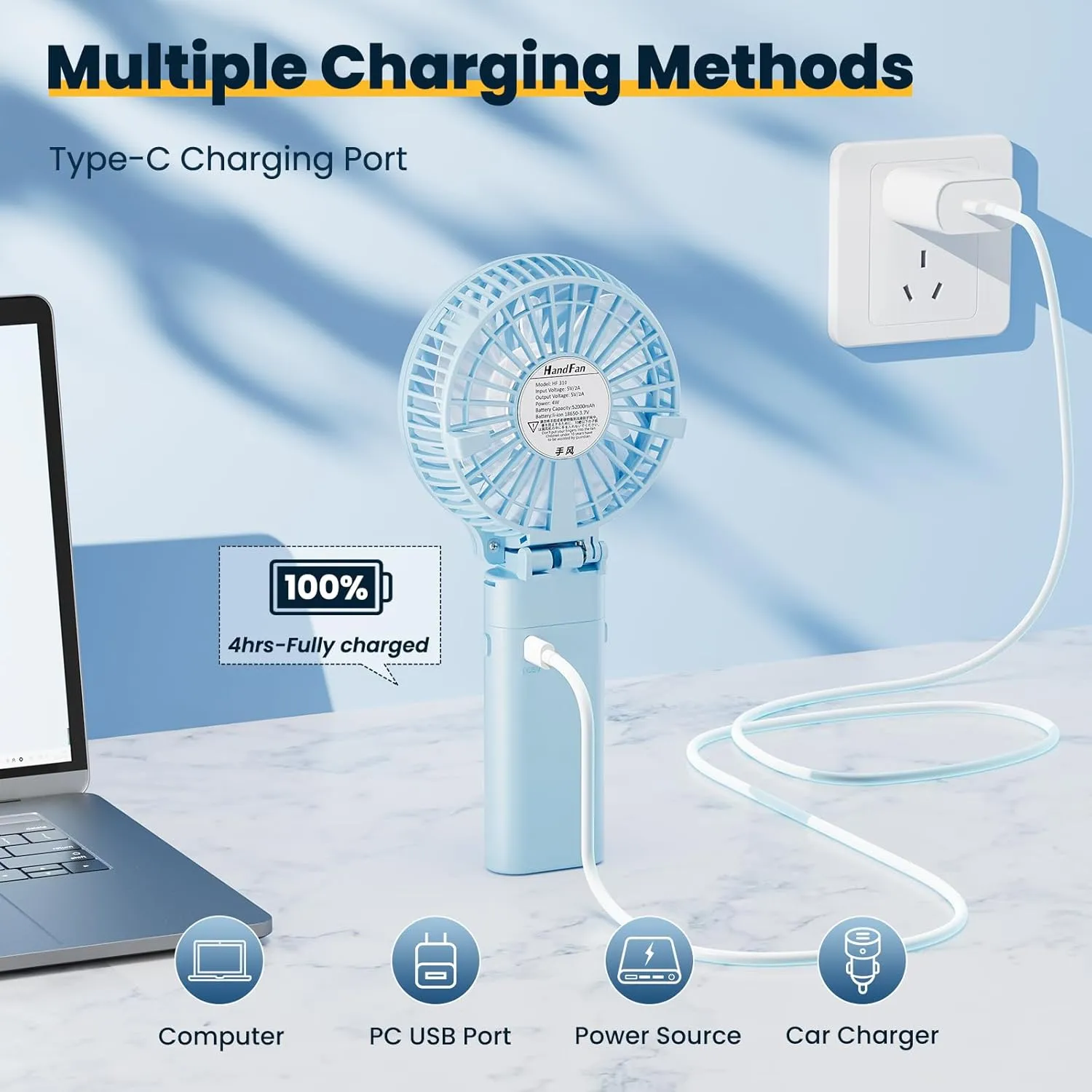 HandFan 5200mAh Handheld Fan Rechargeable, 20H Runtime Hand Fan, 3 Speeds Strong Airflow, Personal 180° Foldable Portable Fan for Travel/Summer/Concerts/Lash/Commute, Gifts for Women (Blue)