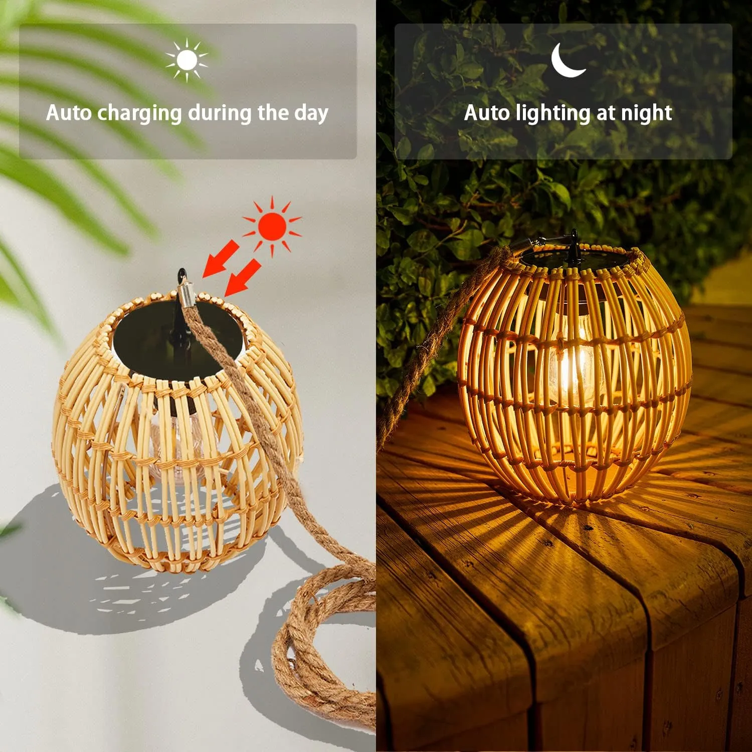 Hanging Solar Lantern Outdoor Waterproof, Large Solar Rattan Lantern Outdoor with Twine Handle, Bright Outdoors Hanging Lights with Edison Bulb for Garden Patio Yard Decoration