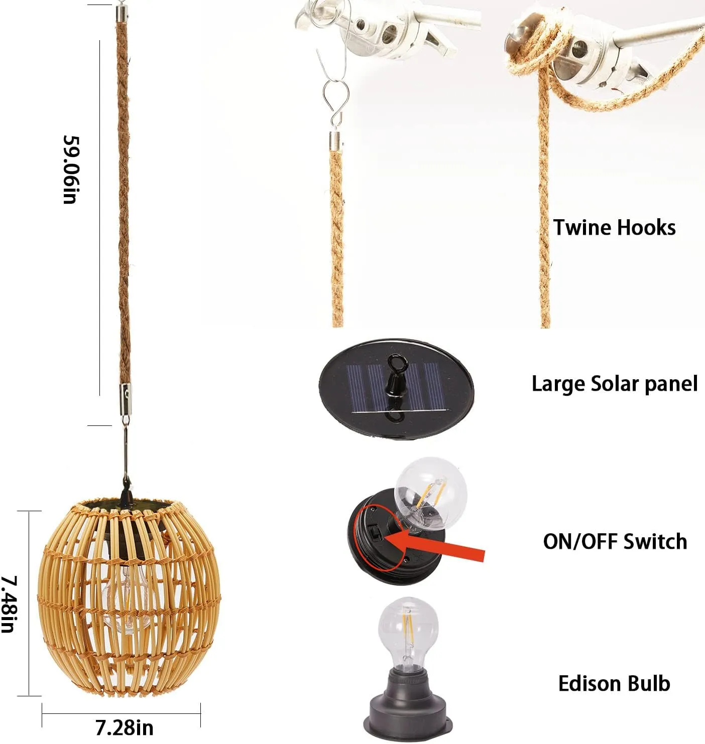 Hanging Solar Lantern Outdoor Waterproof, Large Solar Rattan Lantern Outdoor with Twine Handle, Bright Outdoors Hanging Lights with Edison Bulb for Garden Patio Yard Decoration